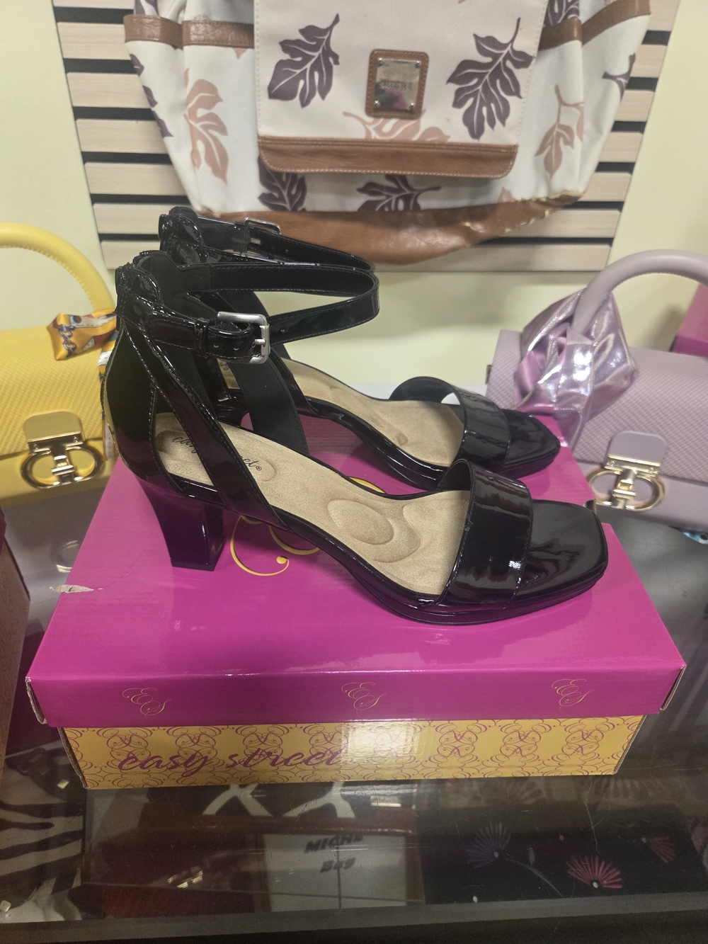Womens Black Patent Leather Open Toe Ankle Strap Buckle Short Block Heels